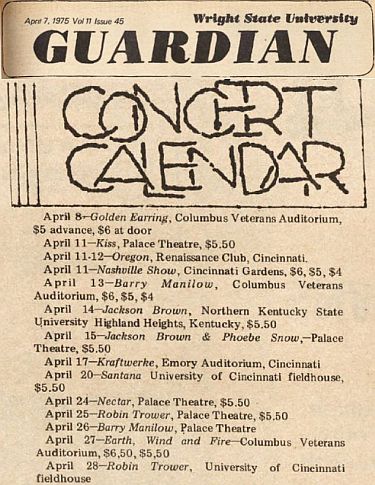 The Guardian newspaper concert ad April 08 1975 Golden Earring Columbus - Veterans Memorial Auditorium.